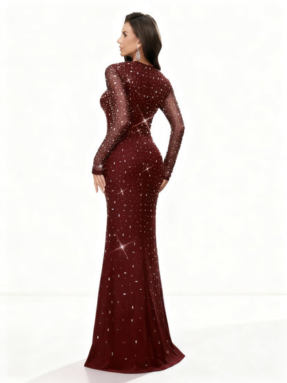 Stalluxe | Elegantes Abendkleid mit Strass und Langarm im Meerjungfrauenstil