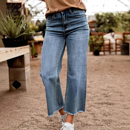 Damen Weit geschnittene Jeans mit fransigem Saum und hohem Bund Stalluxe