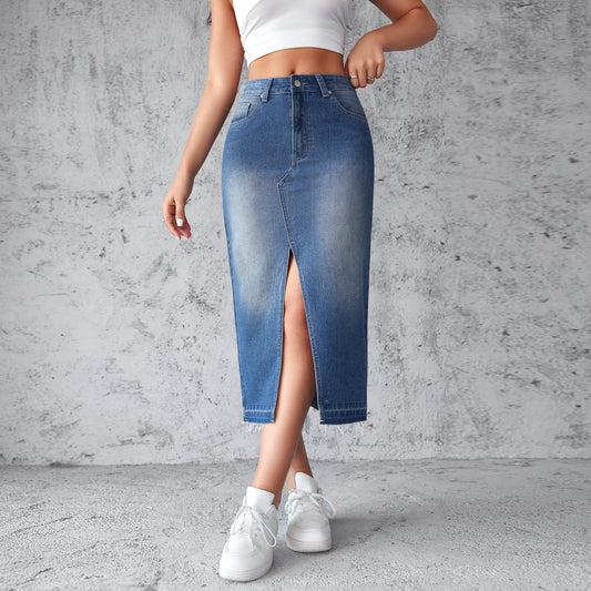 Damen Jeansrock mit hoch geschnittenem Schlitz und fransigem Saum Stalluxe