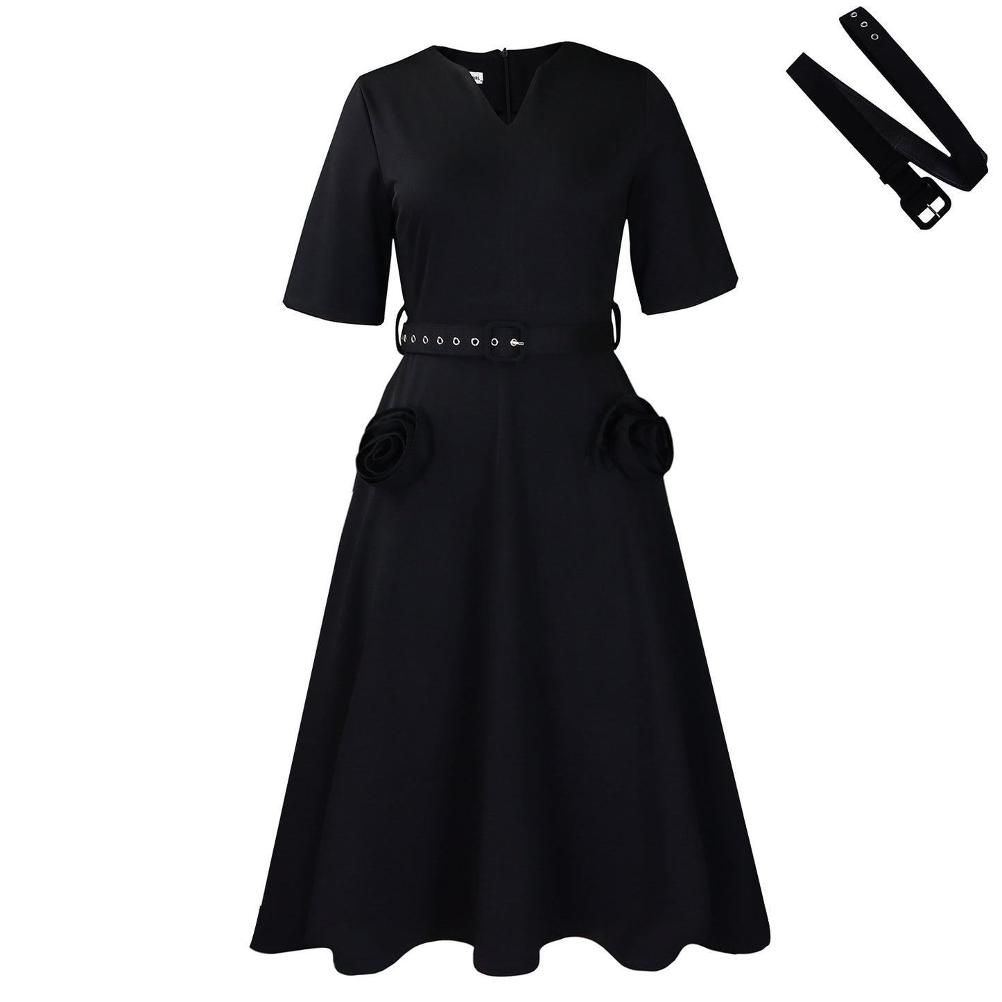 Damen Midi-Kleid mit dekorativen Blumenapplikationen und Taillengürtel Stalluxe