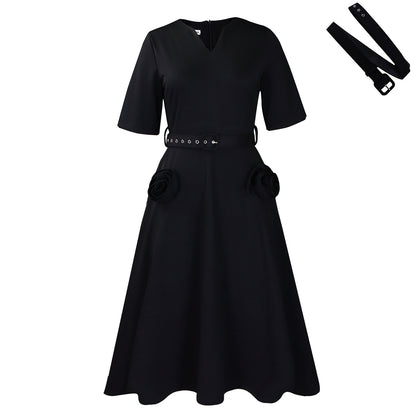 Damen Midi-Kleid mit dekorativen Blumenapplikationen und Taillengürtel Stalluxe