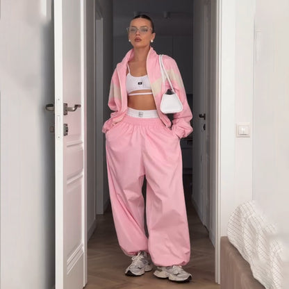 Damen Sportanzug mit Reißverschluss und weit geschnittenen Hosen Stalluxe Rosa