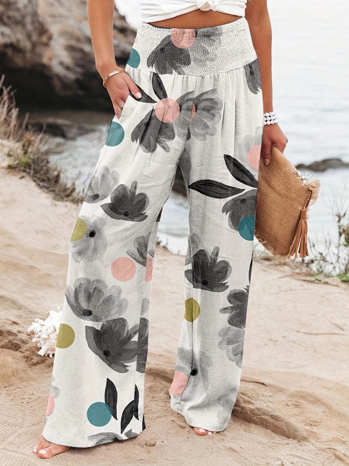 Damen Weit geschnittene Sommerhose mit floralem Print und elastischem Bund Stalluxe