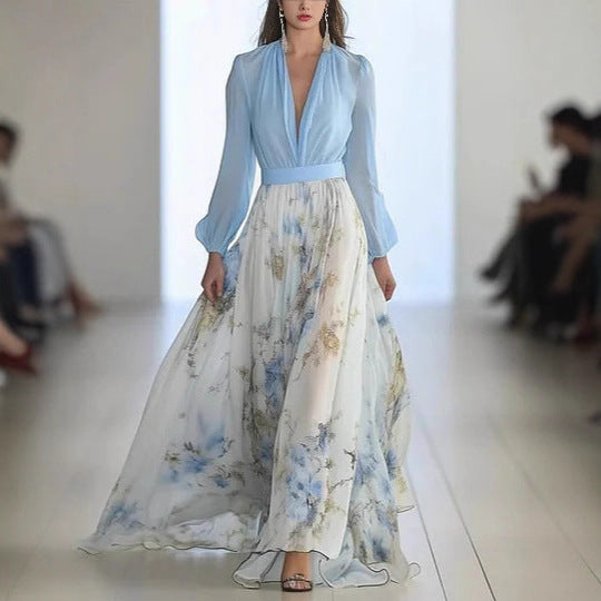 Damen Maxikleid mit floralem Chiffon und eleganten Puffärmeln Stalluxe