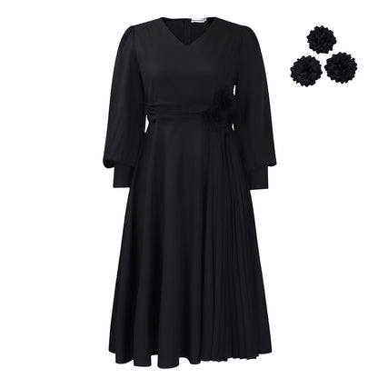Damen elegantes Kleid mit dekorativem Blumenakzent und Faltenwurf Stalluxe