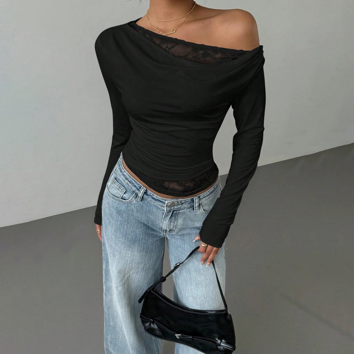 Damen Lässiges Langarmoberteil mit asymmetrischem Ausschnitt und transparenten Details Stalluxe