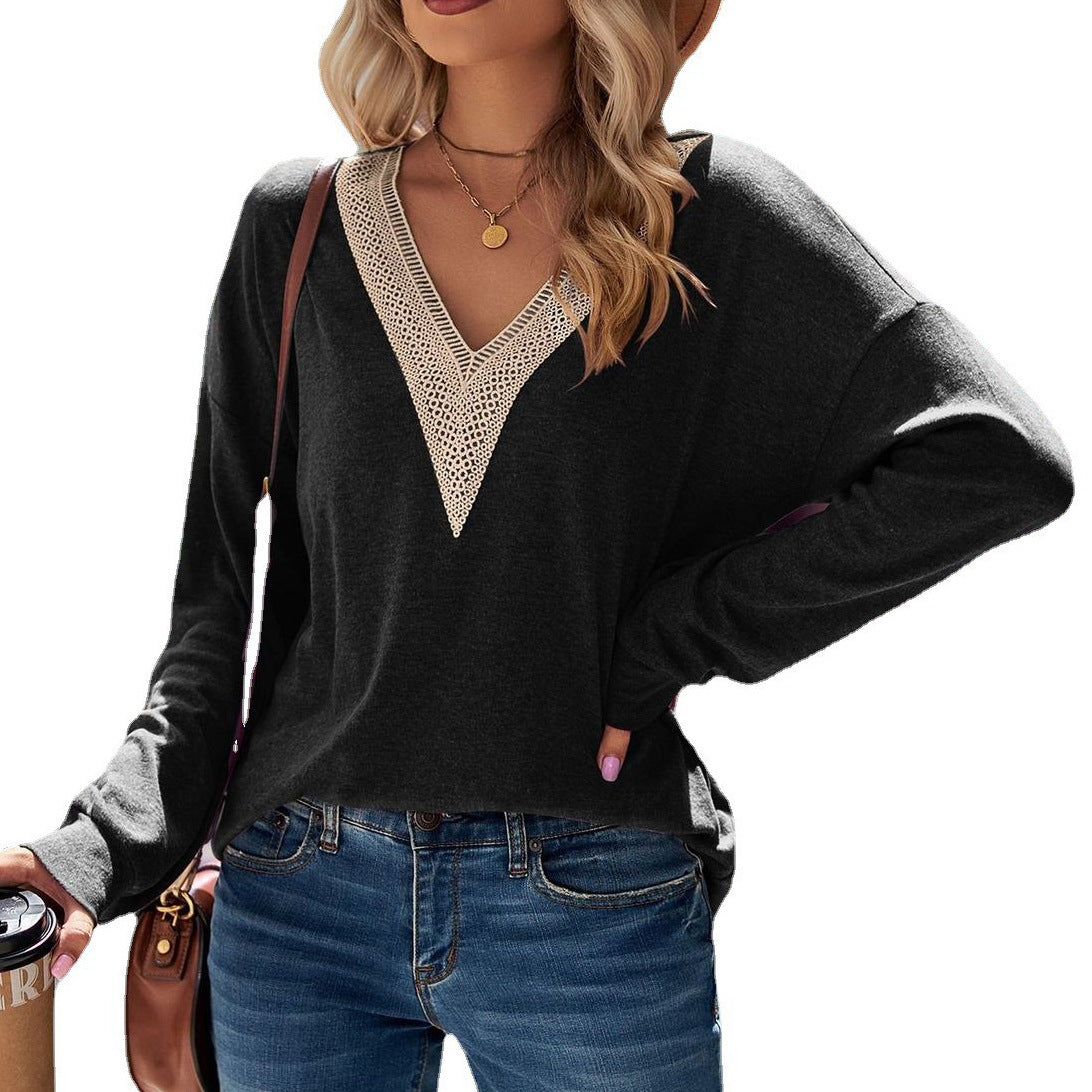 Damen V-Ausschnitt Shirt mit elegantem Häkel-Ausschnitt Stalluxe