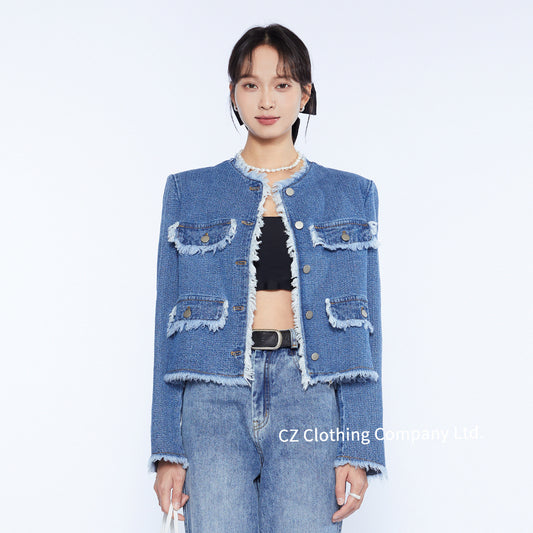 Damen Jeansjacke mit fransigen Details und eleganten Knopfverschlüssen Stalluxe