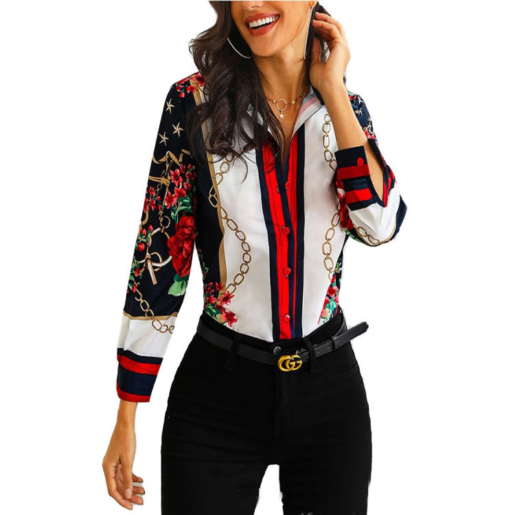 Damen Bluse mit floralem Muster und dekorativen Kettendetails Stalluxe