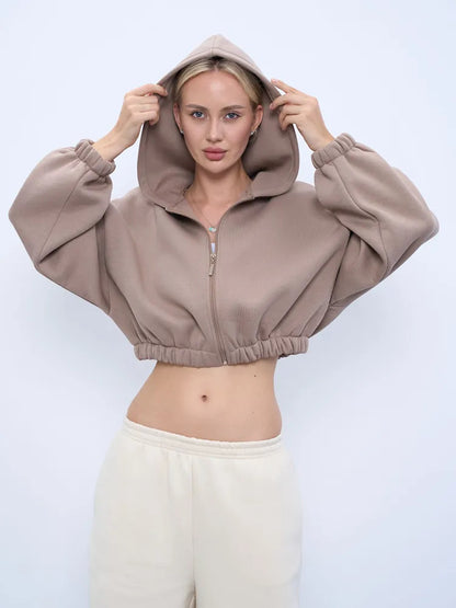 Damen cropped Kapuzenpullover mit voluminösen Ärmeln Stalluxe