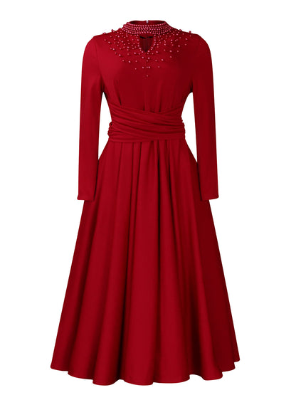 Damen Elegantes Kleid mit dekorativem Perlenbesatz und Wickeldesign Stalluxe