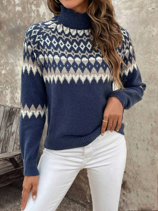 Damen Strickpullover mit hohem Kragen und winterlichem Muster Stalluxe