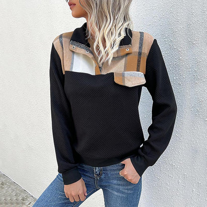 Damen bequemer Sweatshirt mit modernem Karomuster und Knopfleiste Stalluxe