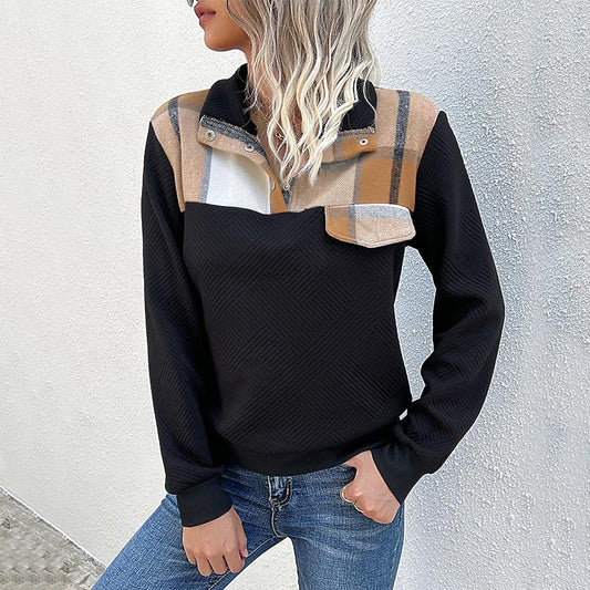 Damen bequemer Sweatshirt mit modernem Karomuster und Knopfleiste Stalluxe