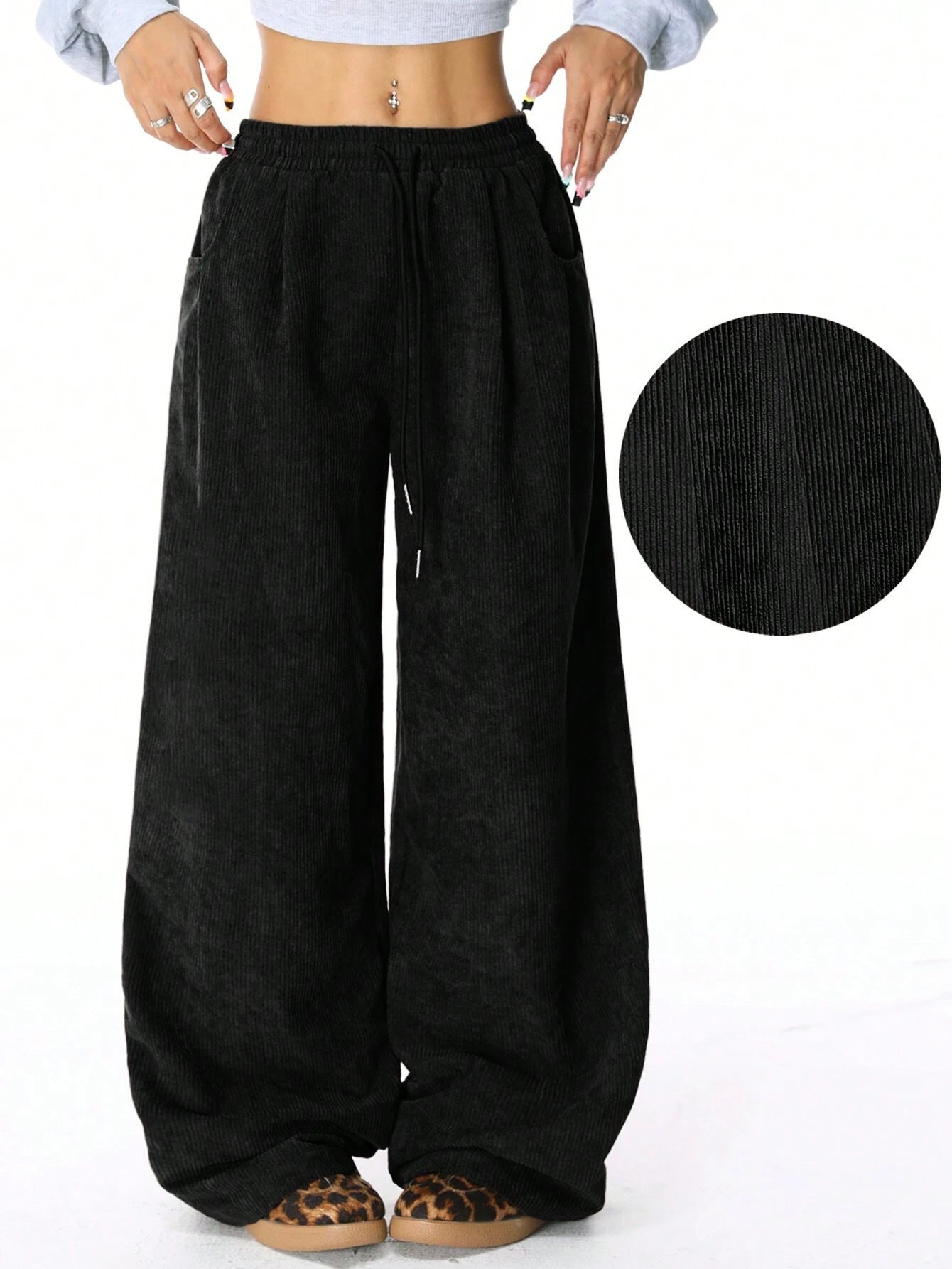 Damen Weite Freizeithose aus Rippmaterial mit elastischem Bund und praktischen Taschen Stalluxe