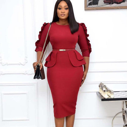 Damen Figurbetontes Kleid mit Rüschen-Ärmeln und Taillengürtel Stalluxe