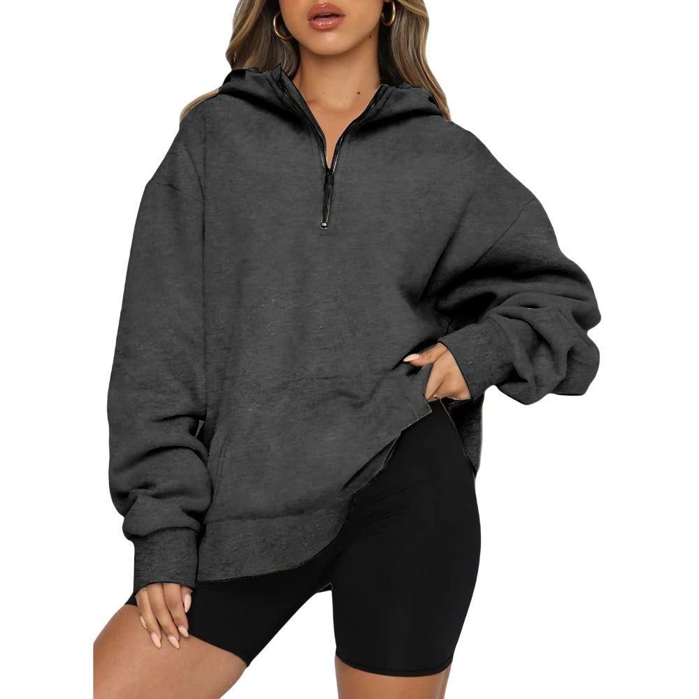 Damen Oversize Kapuzenpullover mit halbem Reißverschluss Stalluxe Dunkelgrau