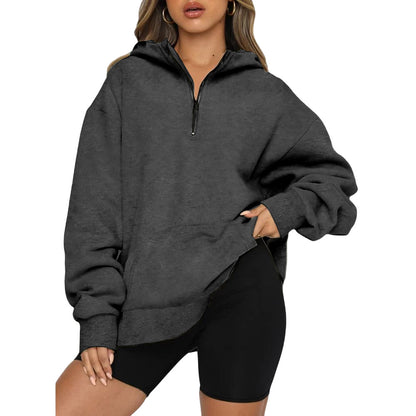 Damen Oversize Kapuzenpullover mit halbem Reißverschluss Stalluxe Dunkelgrau