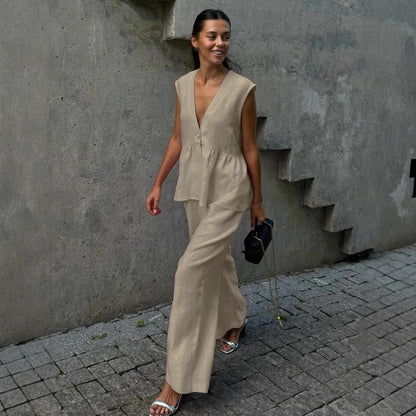 Damen luftige Leinenbluse und weite Hose Stalluxe
