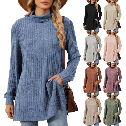 Damen elegantes Oberteil aus strukturierter Strickware mit Stehkragen und Seitentaschen Stalluxe