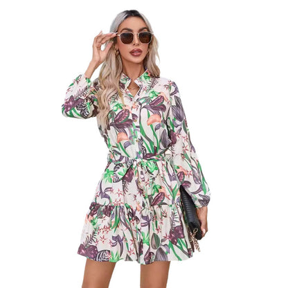 Damen Blütenmuster Kleid mit Gürtel Stalluxe