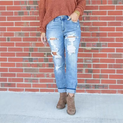 Damen Vintage Destroyed Jeans im entspannten Schnitt mit hohem Bund Stalluxe