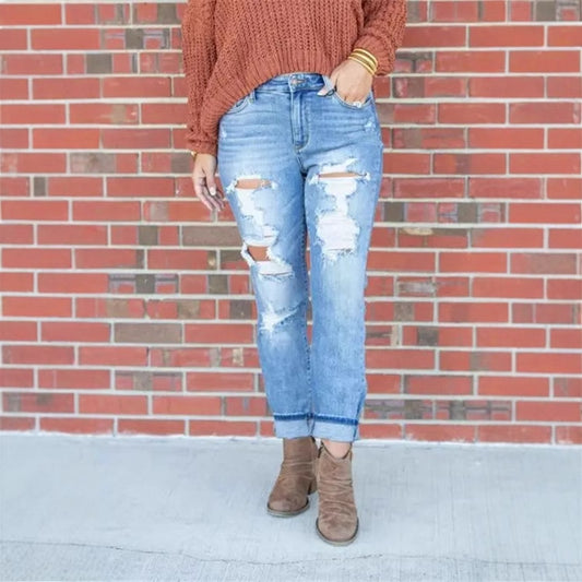 Damen Vintage Destroyed Jeans im entspannten Schnitt mit hohem Bund Stalluxe