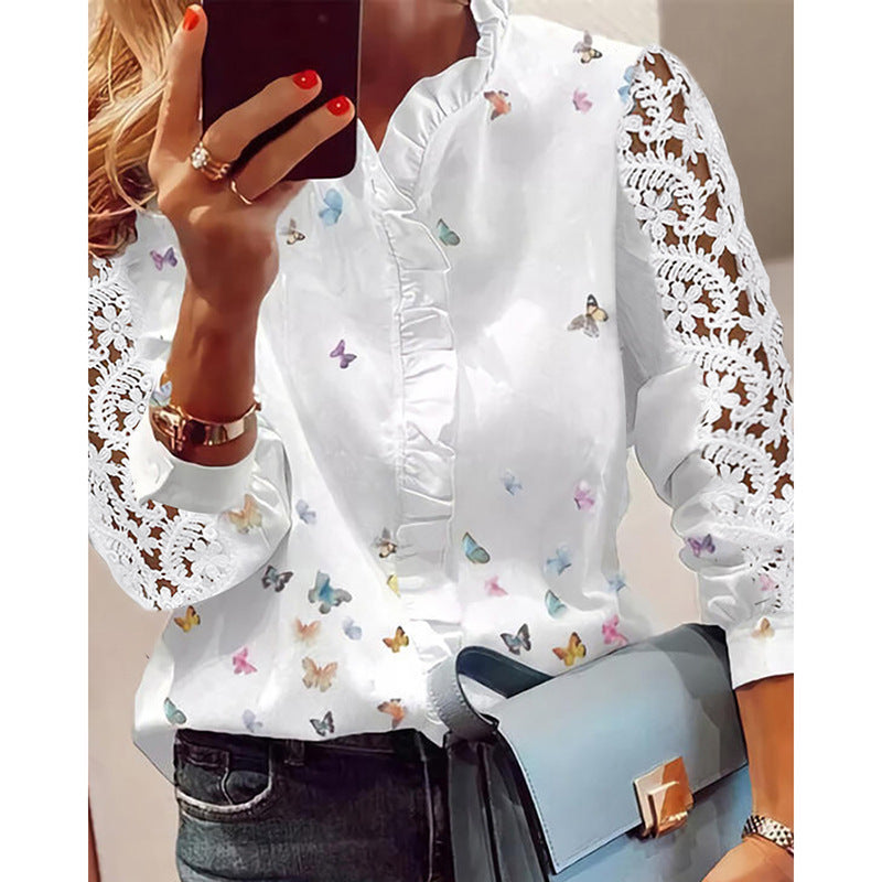 Damen Bluse mit floralen Applikationen, Rüschendetails und Spitzenärmeln Stalluxe