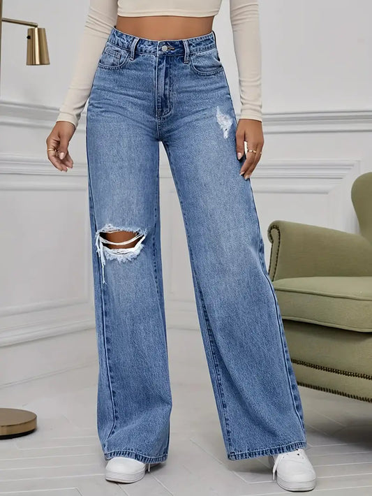 Damen Weite Jeans mit schicken Rissdetails und hohem Bund Stalluxe
