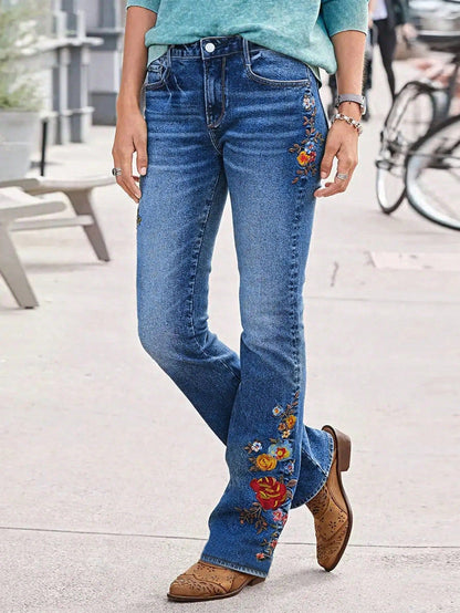 Damen Flared Jeans mit eleganten Blumenstickereien Stalluxe