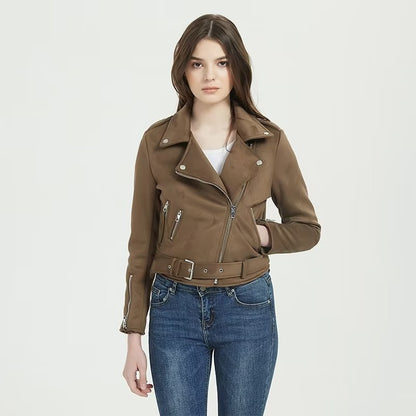 Damen stylische Bikerjacke im eleganten Wildleder-Look mit praktischen Taschen Stalluxe