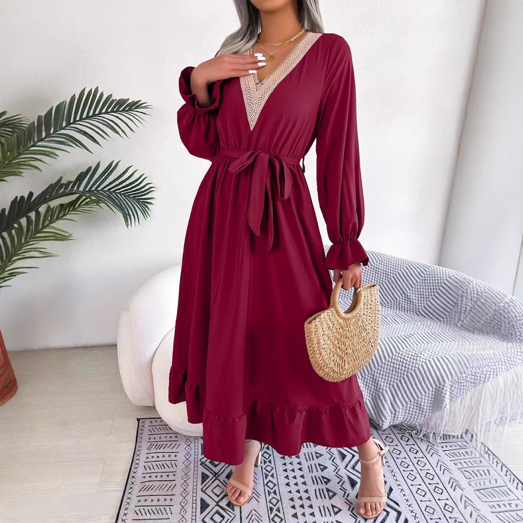 Damen Maxikleid mit eleganter V-Ausschnitt und Rüschendetails Stalluxe