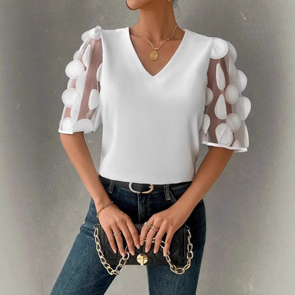 Damen Elegantes Oberteil mit transparenten Puffärmeln und V-Ausschnitt Stalluxe