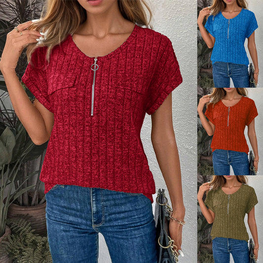 Damen Kurzarm Shirt mit modernem Reißverschluss und Brusttaschen Stalluxe