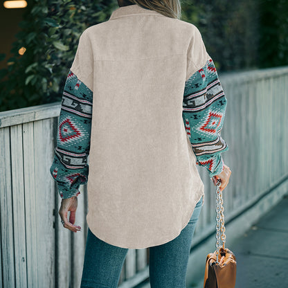 Damen Cord-Oberhemd mit farbenfrohen, bedruckten Ärmeln und Brusttasche Stalluxe