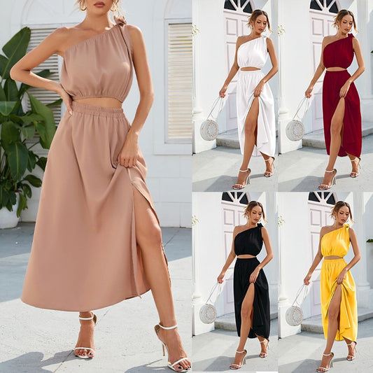 Damen Maxikleid mit einseitigem Träger und hohem Schlitz Stalluxe