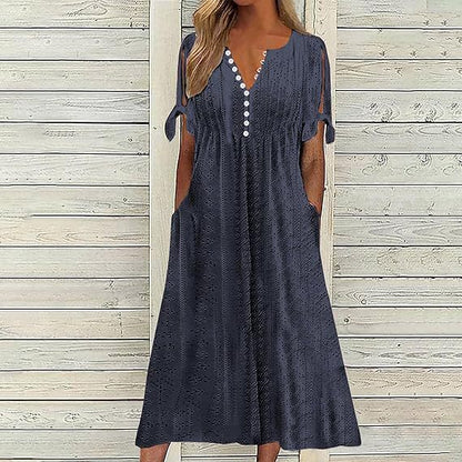 Damen luftiges Midikleid mit dekorativen Lochmustern und praktischen Taschen Stalluxe