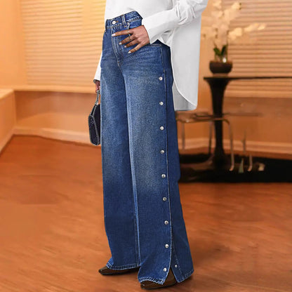 Damen Weite Denimhose mit Knopfleiste und hohem Bund Stalluxe