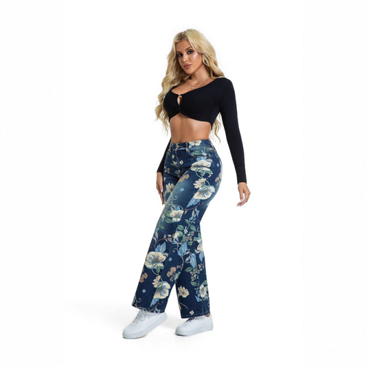 Damen weite Jeans im floralen Design mit hohem Bund Stalluxe