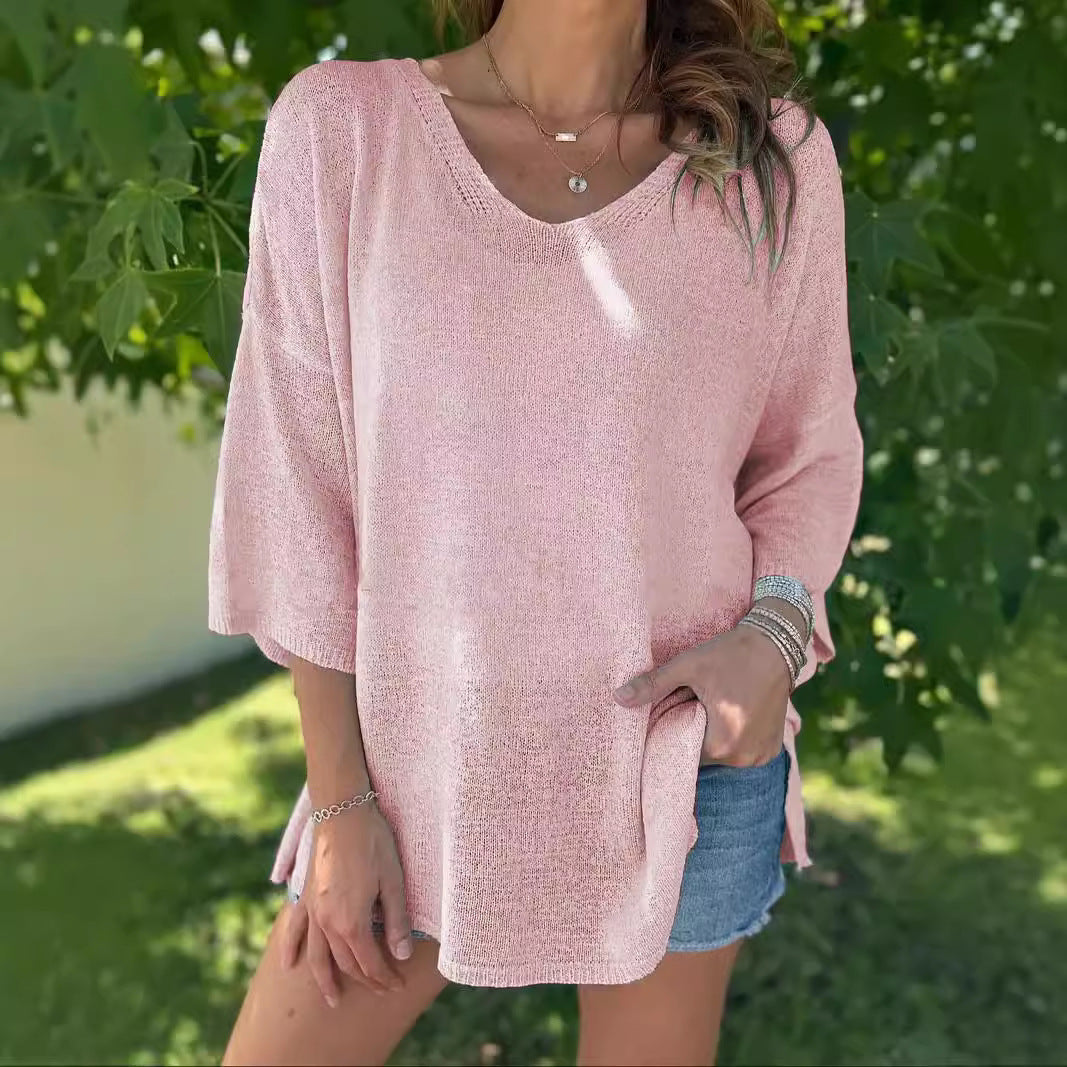 Damen luftiges Strickoberteil mit oversized Schnitt und V-Ausschnitt Stalluxe