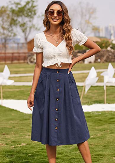 Women's Button-Front A-Line Skirt with Pockets Stalluxe