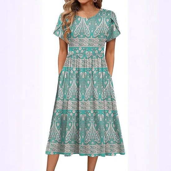 Damen Midi-Kleid mit rundem Halsausschnitt und praktischen Taschen Stalluxe