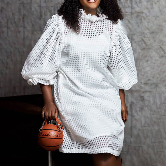 Damen Transparentes Kleid mit voluminösen Puffärmeln und Karomuster Stalluxe