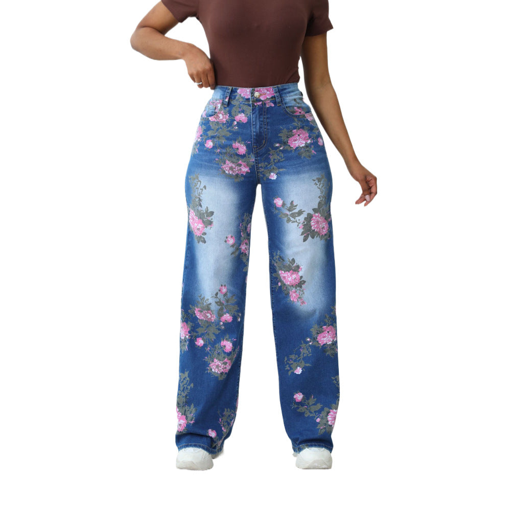 Damen Blumige Wide-Leg Jeans im modischen Design mit hohem Bund Stalluxe