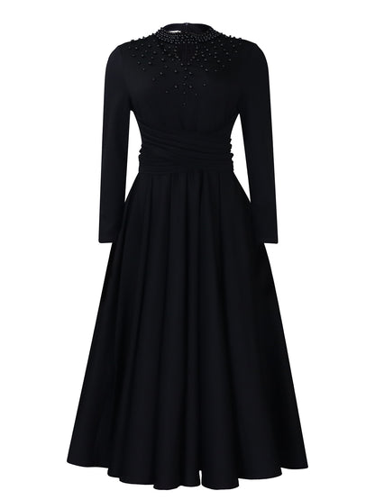 Damen Elegantes Kleid mit dekorativem Perlenbesatz und Wickeldesign Stalluxe