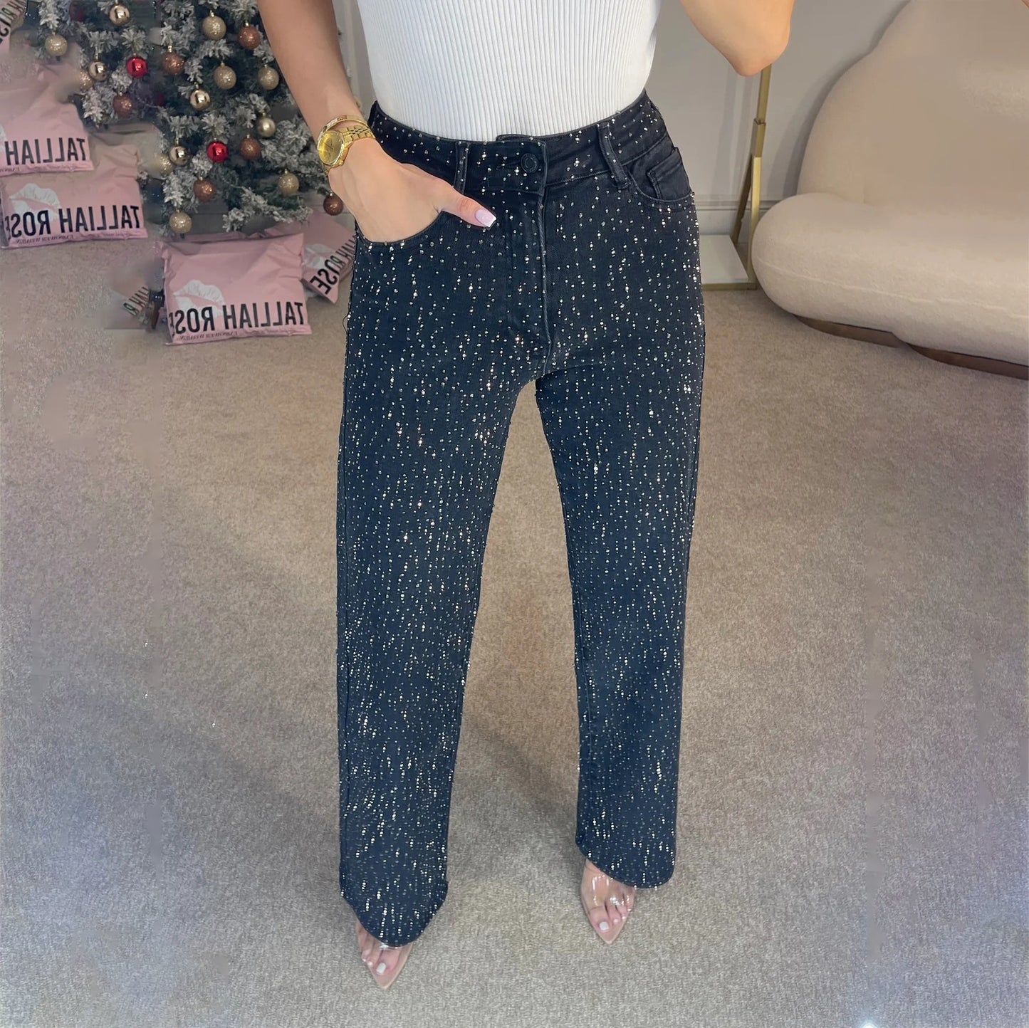Damen Jeans mit glitzernden Applikationen und lässigem Schnitt Stalluxe