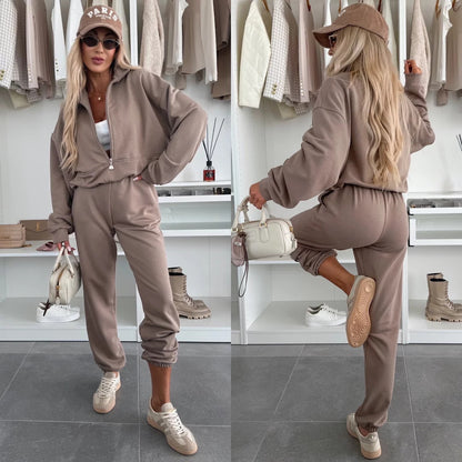 Damen sportliches Fleece-Set mit halbem Reißverschluss und elastischem Bund Stalluxe
