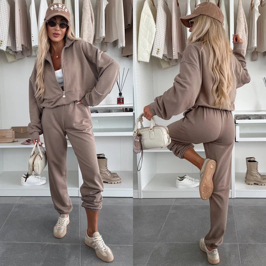Damen sportliches Fleece-Set mit halbem Reißverschluss und elastischem Bund Stalluxe