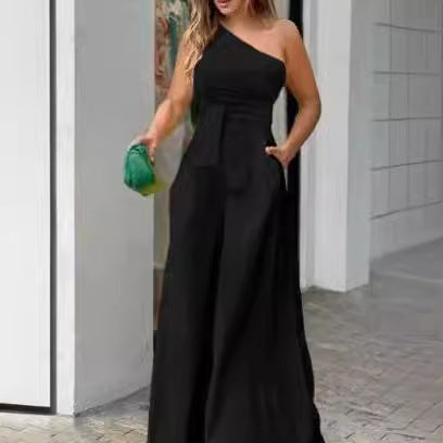 Damen Elegantes Ein-Schulter Jumpsuit mit weitem Bein und Taillengürtel Stalluxe