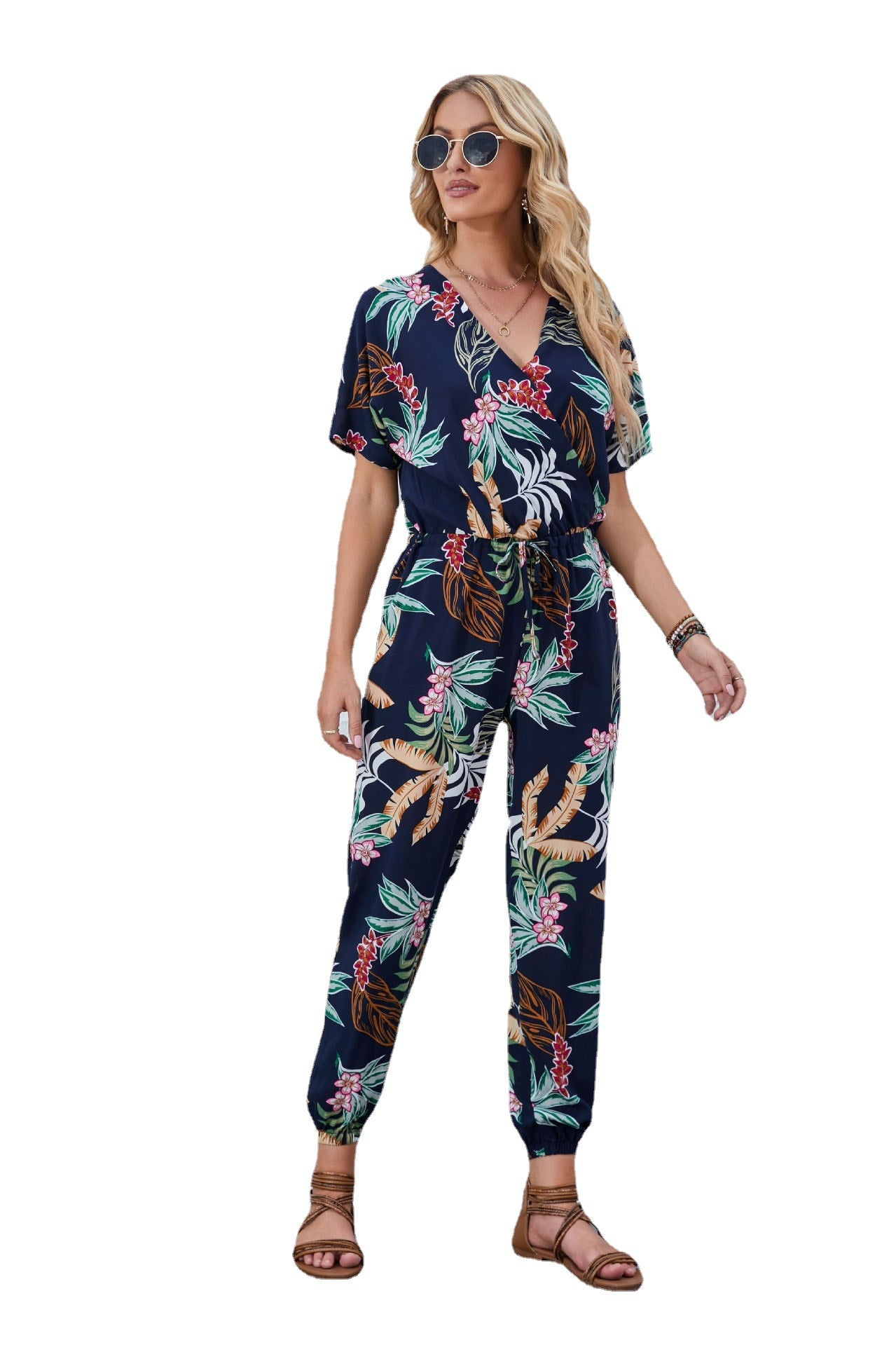 Damen Freizeit-Jumpsuit mit floralem Muster und taillierten Bändern Stalluxe